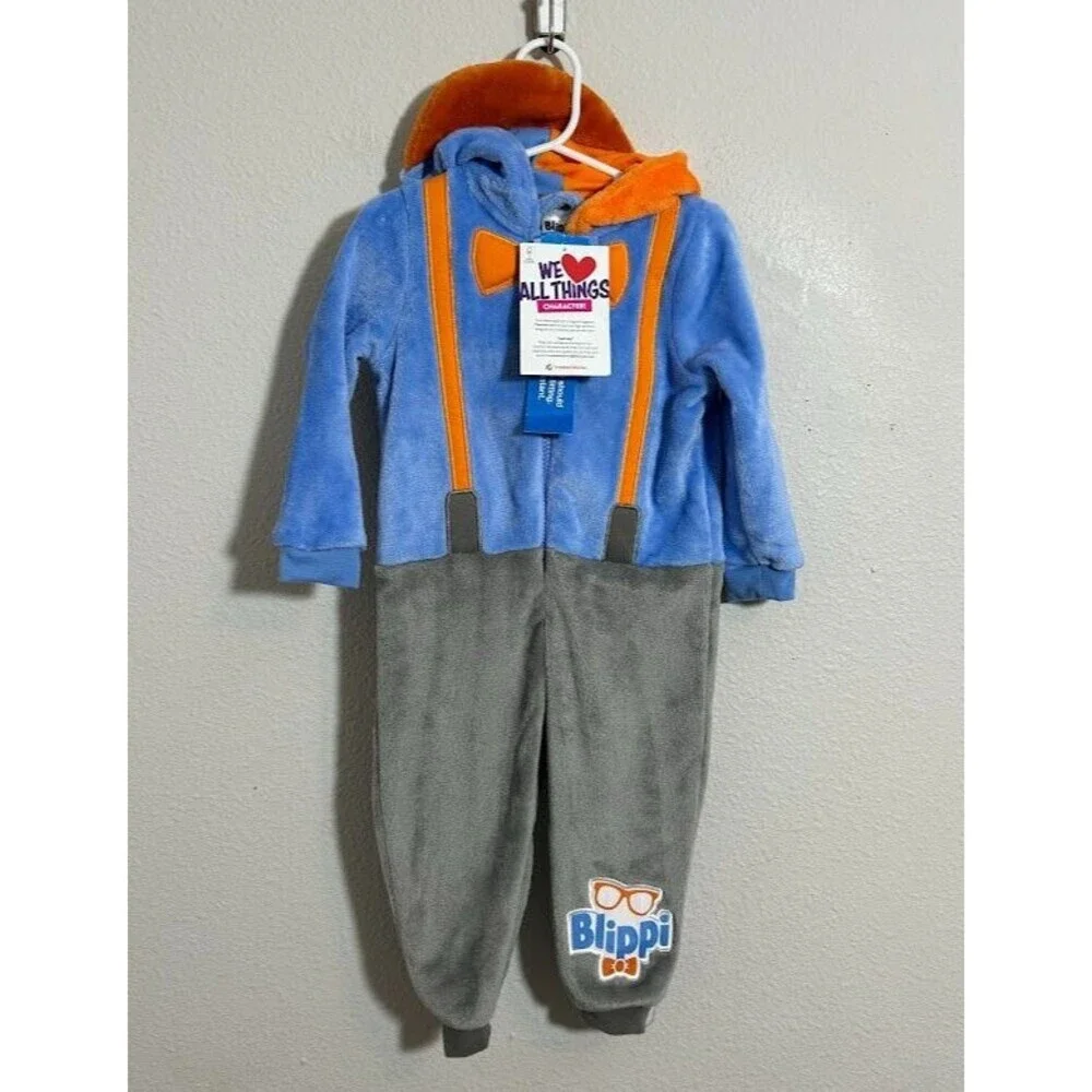 NWT Blippi Fleece One Piece Jumpsuit 2T Costume Hooded Halloween Cozy NEW